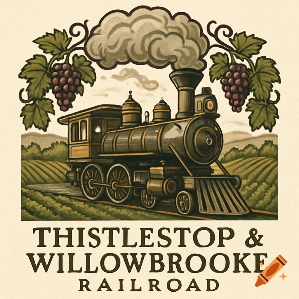 Vintage illustration logo of a steam locomotive in a vineyard, framed by grapevines, with 'Thistlestop & Willowbrooke Railroad' text.