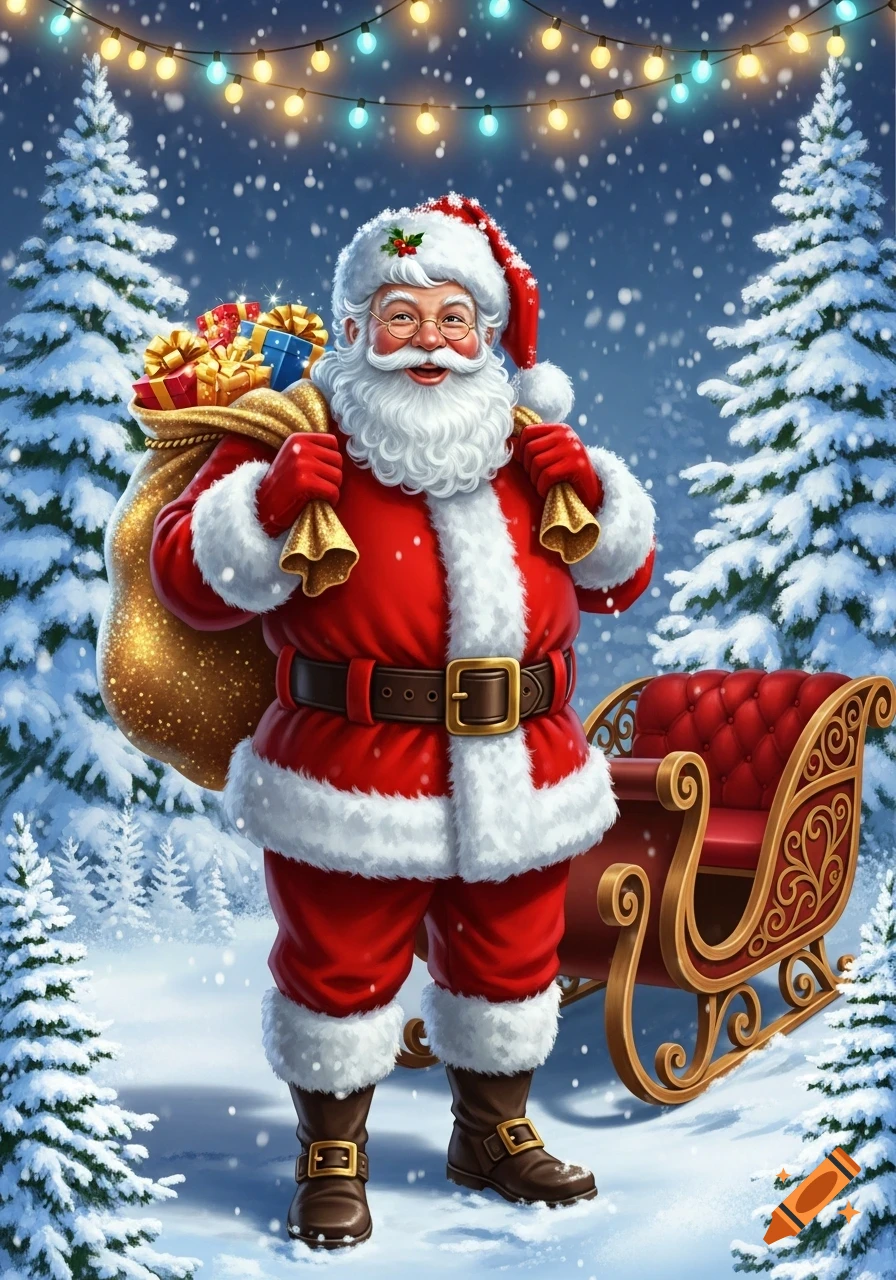 Jolly Santa Claus in a snowy forest, holding a sack of gifts, next to a ...