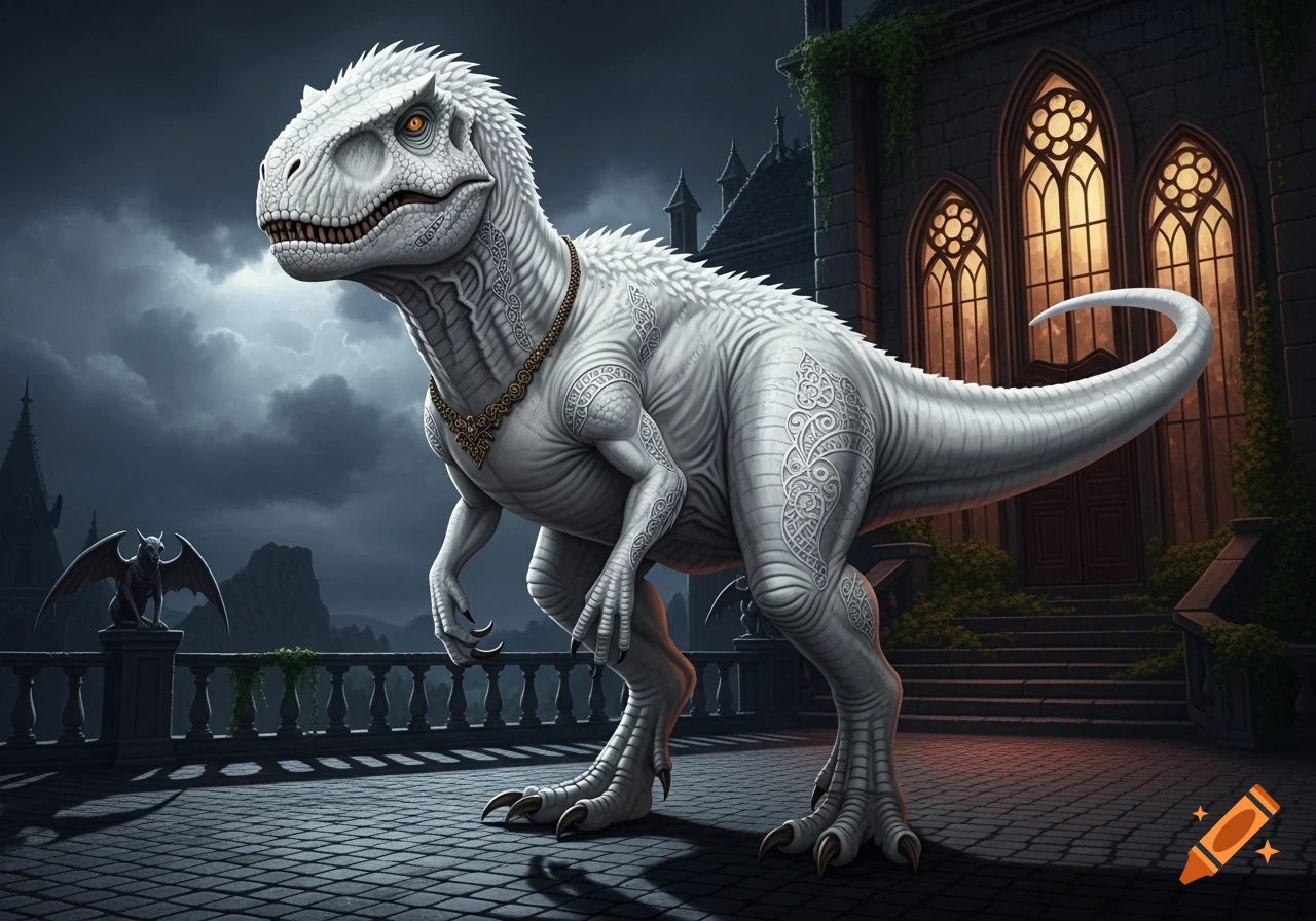 A majestic white Indominus rex with intricate patterns and a gold necklace stands on a stone terrace before a gothic castle under a stormy sky.