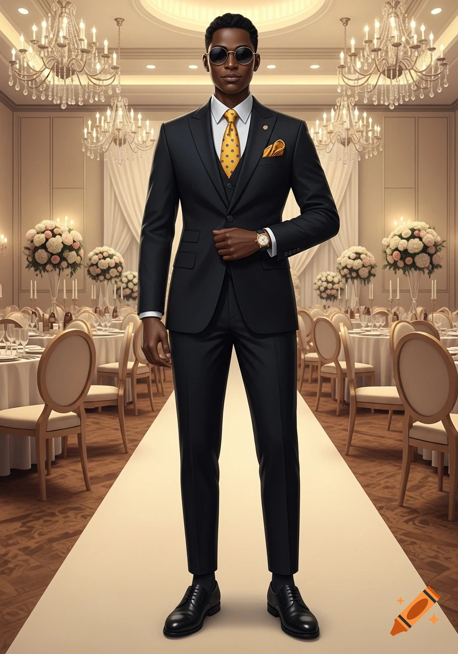 Photorealistic image of a man in a black suit, yellow tie, and sunglasses standing in an elegant wedding hall.