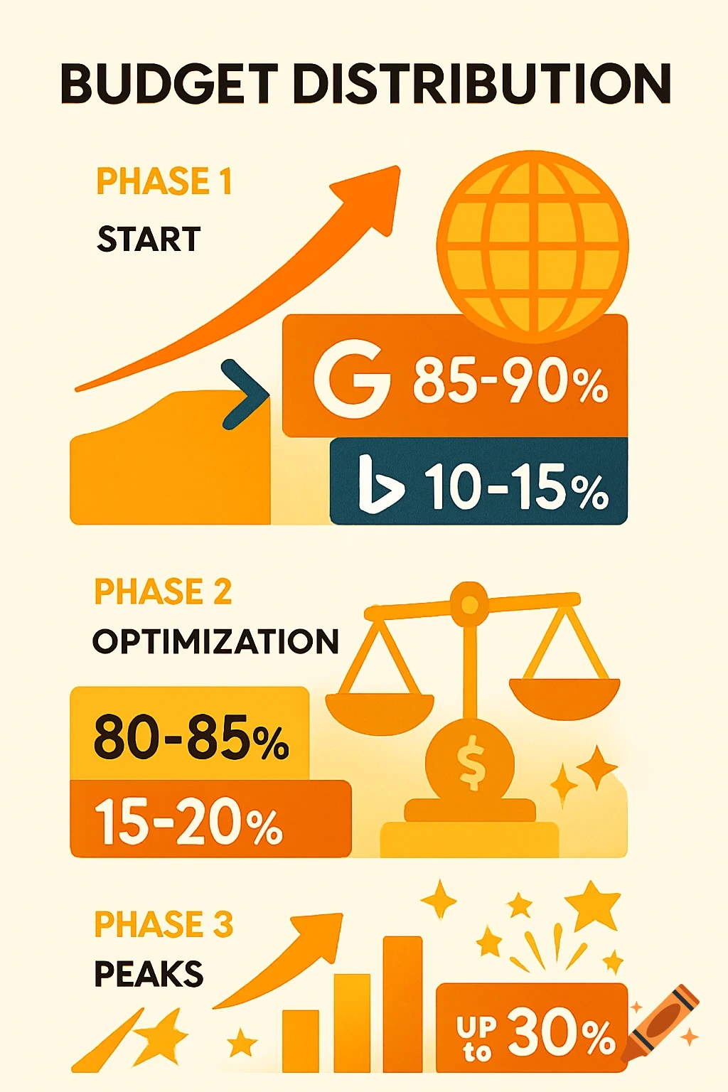 An orange and blue infographic illustrating budget distribution across three phases with percentages and icons for start, optimization, and peaks.