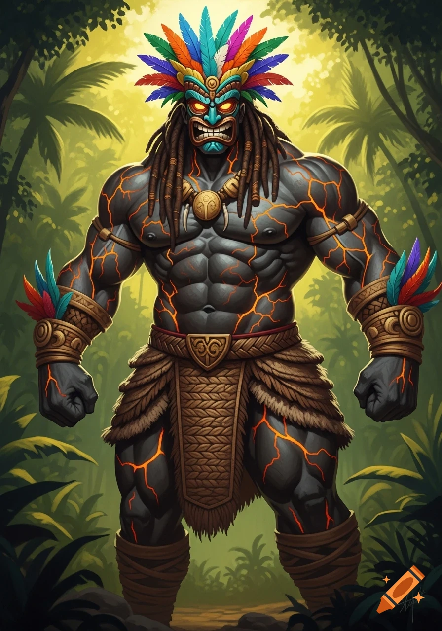 A muscular titan-like man with dark, glowing cracked skin and a tiki mask with colorful feathers stands in a jungle.