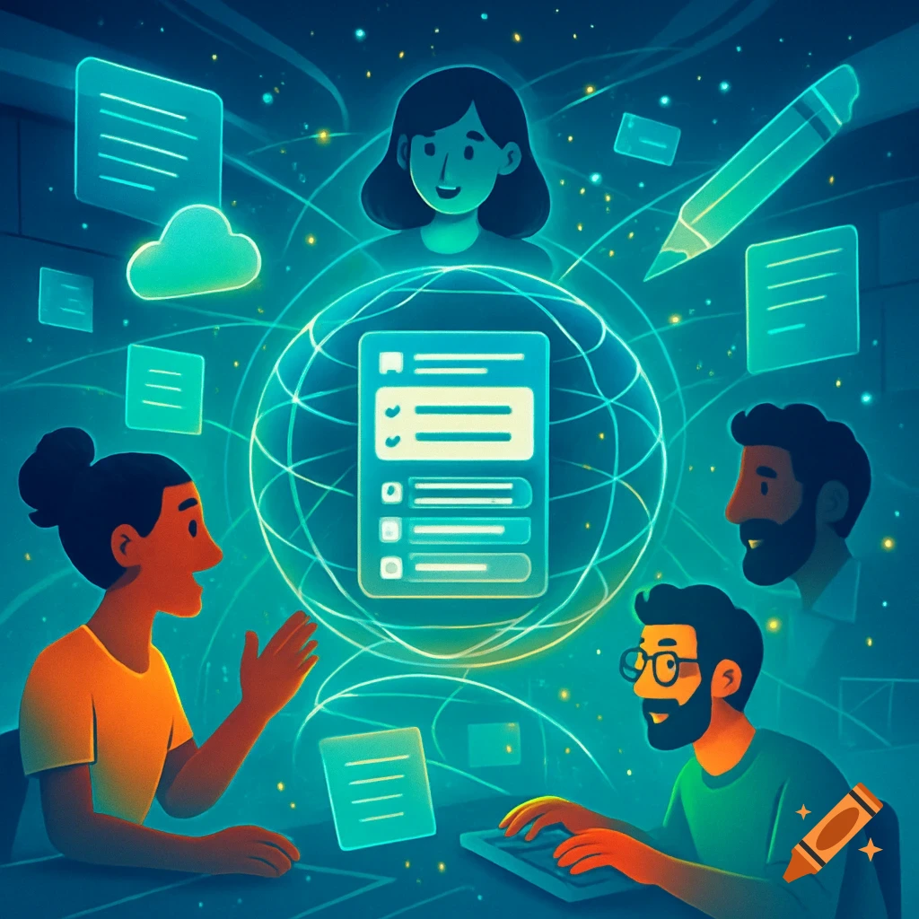 Three diverse people collaborating digitally in a glowing teal illustration, surrounded by digital document and user icons.