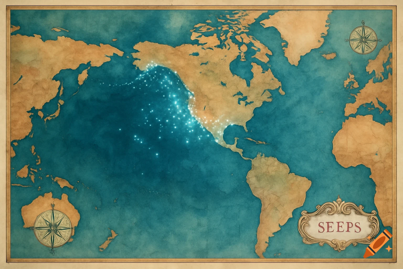 A vintage world map with glowing blue points off the coasts of North America, particularly California and Alaska.