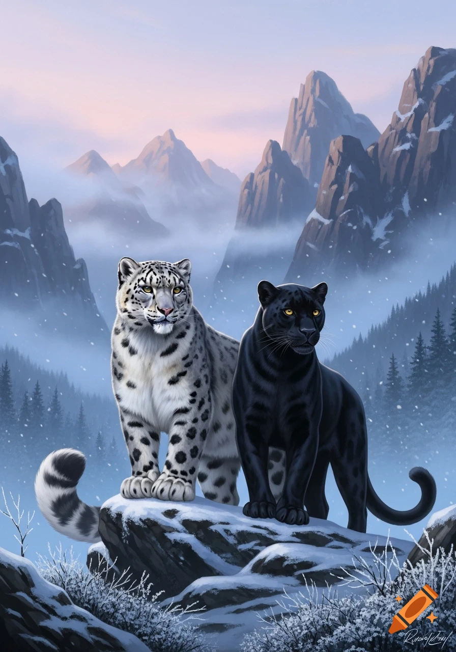 A majestic snow leopard and a black panther stand on a snowy rock in a mountain landscape at dawn, digital painting.