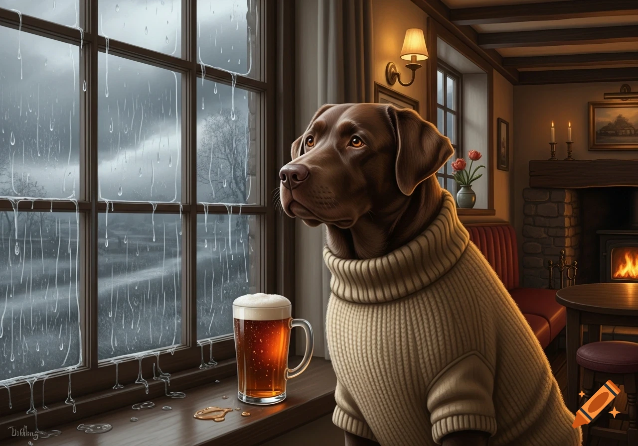 A chocolate labrador in a beige sweater sits by a rainy pub window, a pint of beer nearby and a fireplace in the background.