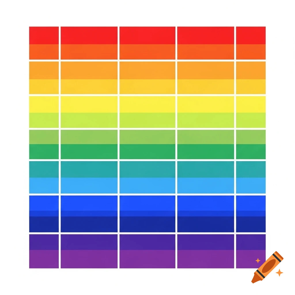 A square grid with horizontal bands of rainbow colors, transitioning from red to orange, yellow, green, blue, and purple.