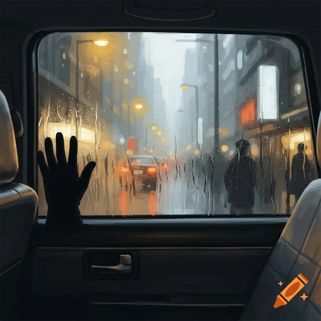A dark, stylized hand presses against a rain-streaked car window, looking out at a blurry, illuminated city street at night.