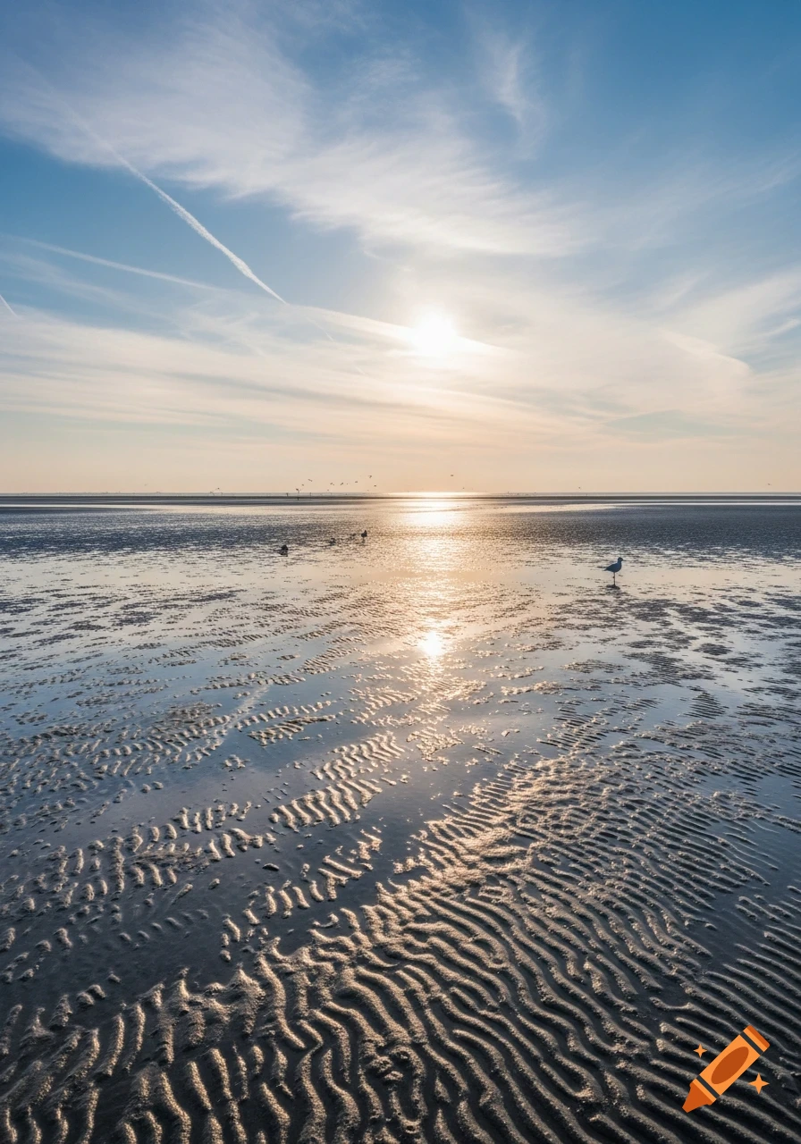 A serene coastal landscape at sunset, with golden light reflecting on wet, rippled tidal flats and a few seabirds in the distance under a vast, partly cloudy sky.