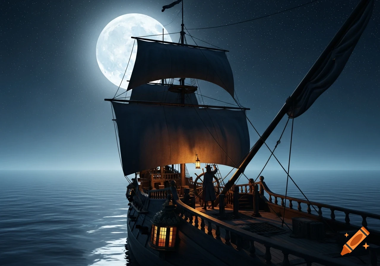 A ship sails on a calm, moonlit sea under a starry night sky, with a figure at the helm holding a lantern.