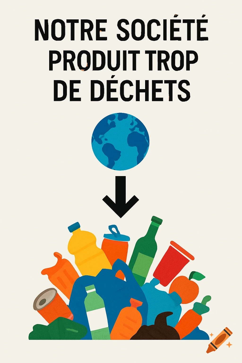 A minimalist graphic poster showing the Earth, an arrow pointing down, and a colorful pile of waste. Text: "NOTRE SOCIÉTÉ PRODUIT TROP DE DÉCHETS"