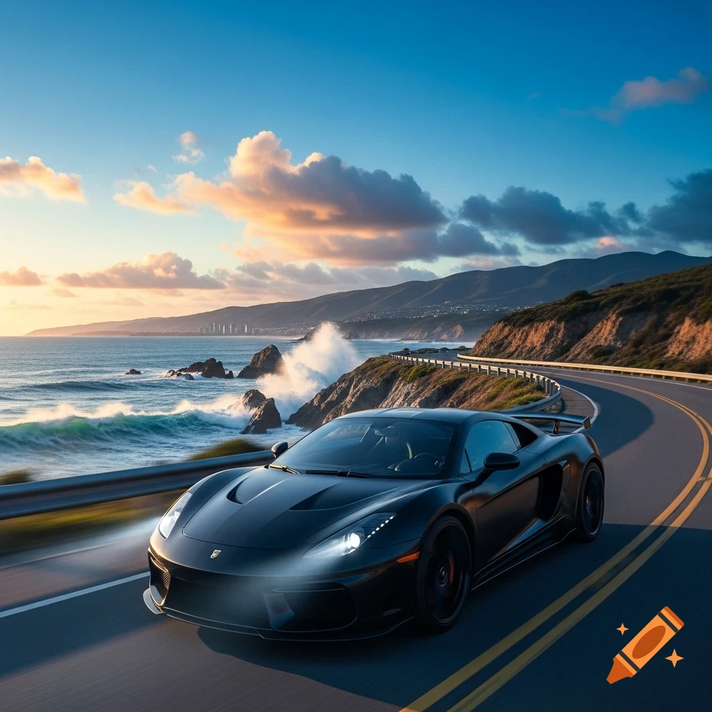 Photorealistic black sports car on a winding coastal road with ocean waves, mountains, and a colorful sunset sky.