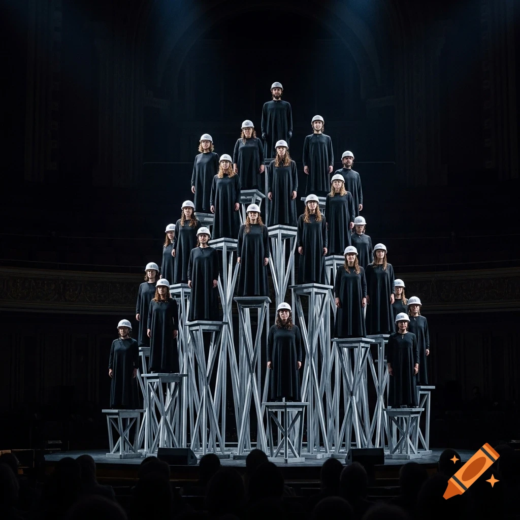 A large choir in black robes and white helmets stands on a pyramid of tall metallic podiums on a dark stage, seen from the audience.