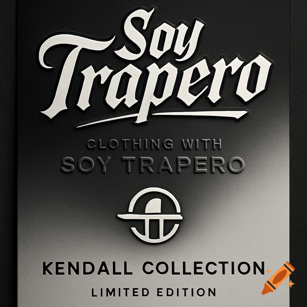 A black and grey product label for Soy Trapero Apparel with stylized white text, an embossed logo, and additional text for "Kendall Collection" and "Limited Edition".