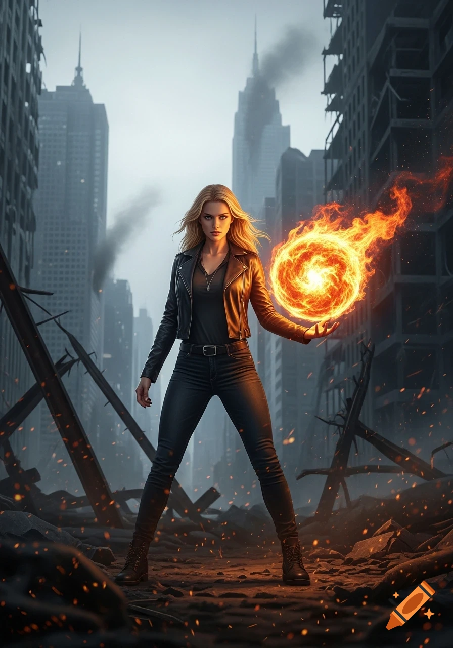 A powerful blonde woman in a black leather jacket holds a swirling ball of fire amidst a ruined, smoky city. Photorealistic style.