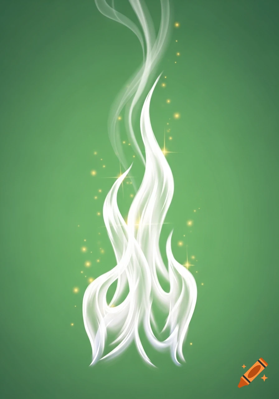 White smoke-like flames with golden sparkles ascending on a green gradient background, illustration.