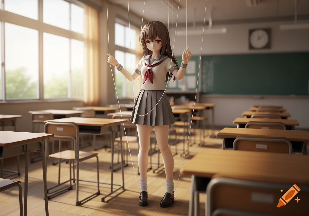 An anime-style doll wearing a school uniform, suspended by puppet strings in a classroom.