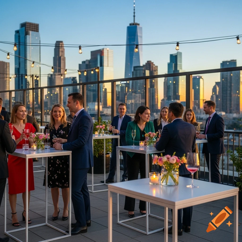 People mingle at a photorealistic rooftop bar with a city skyline at sunset.