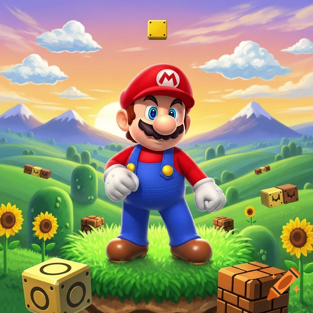 Cartoon Mario stands in a vibrant green landscape with hills, mountains, sunflowers, and various Mario blocks under a colorful sky.