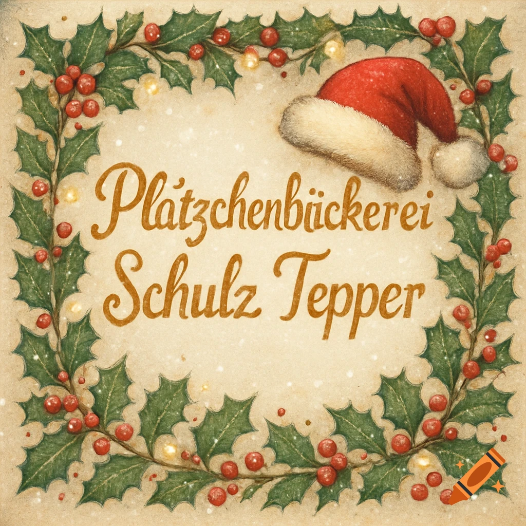 Vintage-style Christmas illustration with a holly wreath, Santa hat, and the text 'Plätzchenbäckerei Schulz Tepper'.