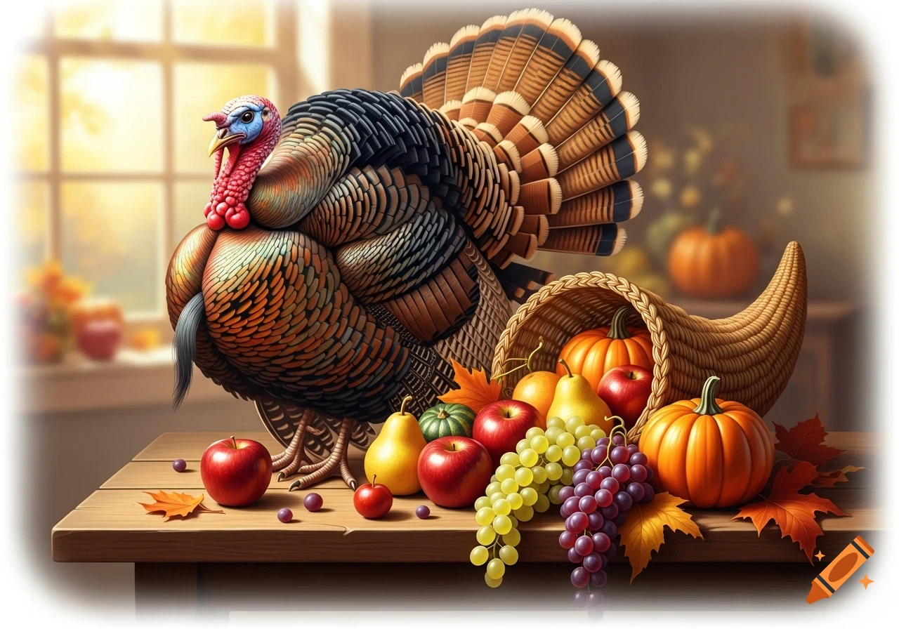 A colorful turkey stands next to a cornucopia overflowing with pumpkins, grapes, apples, and pears on a wooden table, digital painting style.