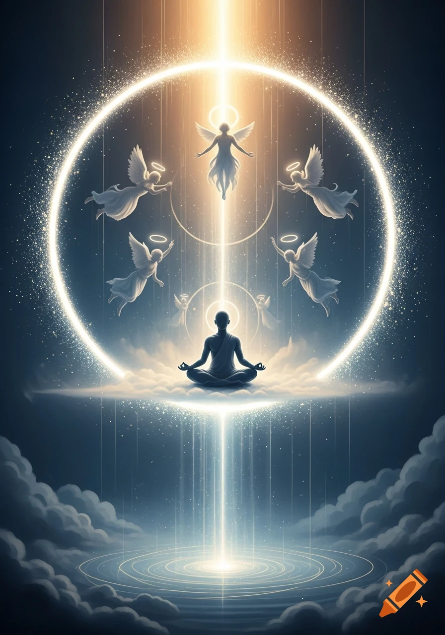 A serene figure meditating on clouds, surrounded by a glowing circular aura and ethereal angels, with light beams above and below.