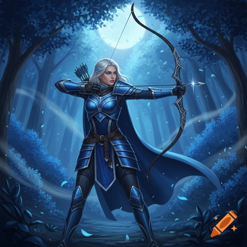 An armored female archer with white hair aims her bow in a moonlit blue forest at night.