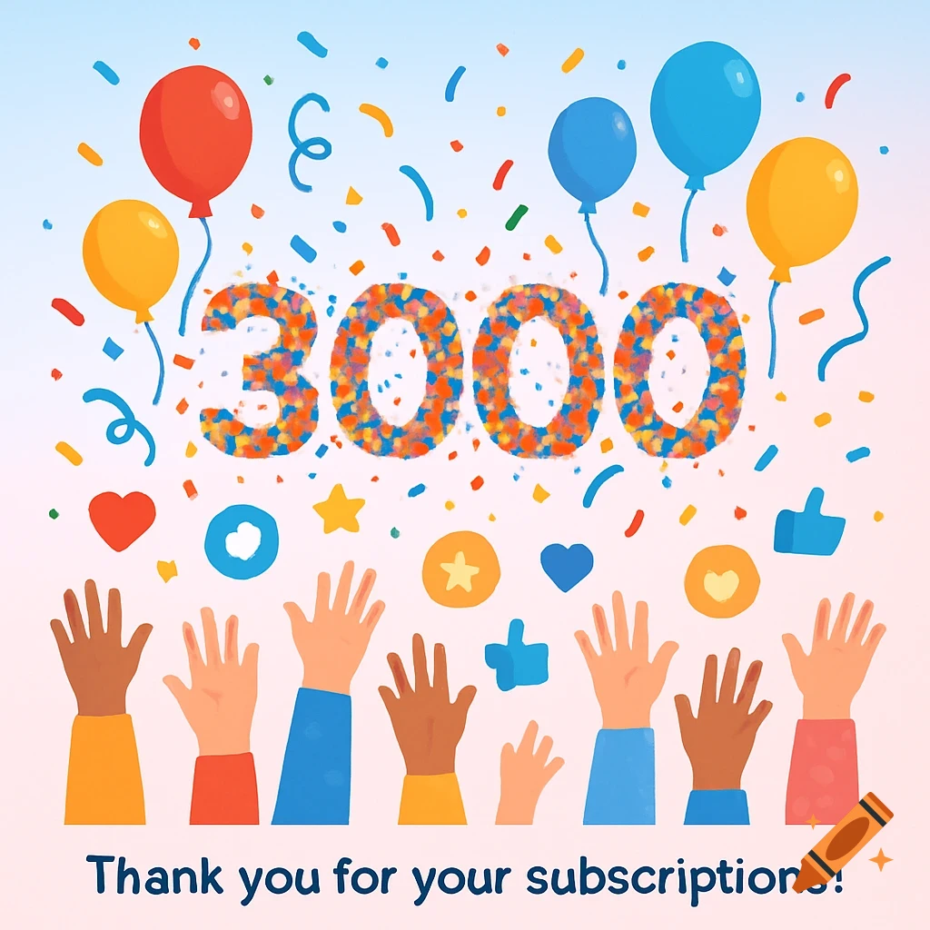 A joyful flat 2D illustration celebrating 3000 subscribers, with confetti numbers, balloons, diverse raised hands, and 'Thank you for your subscriptions!' text.