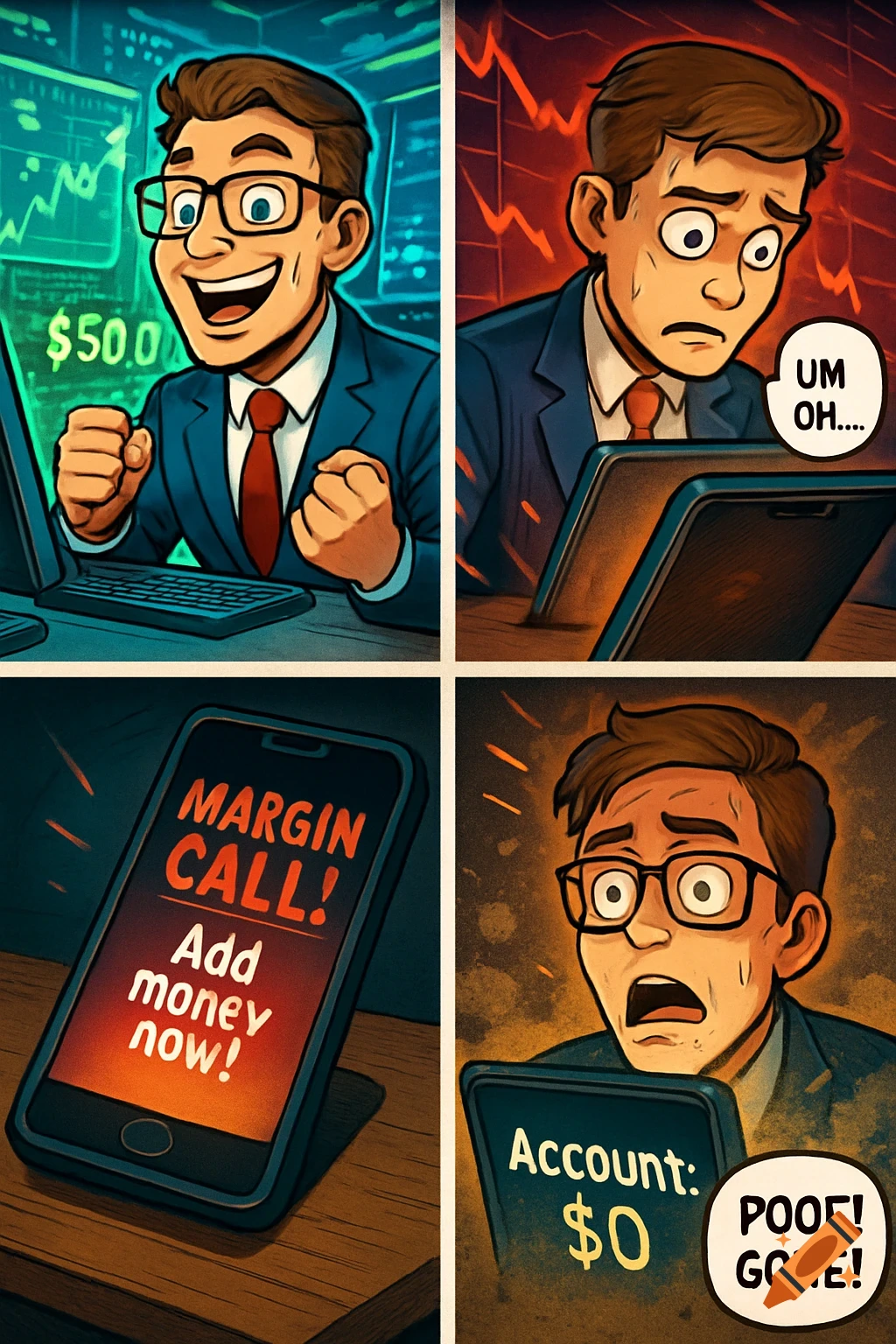 A four-panel comic strip depicting a man happily trading stocks, then looking worried, receiving a margin call, and finally staring at an empty account.
