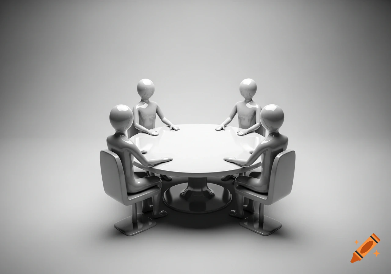 Four stylized, monochromatic figures sit around a round white table against a light grey background.