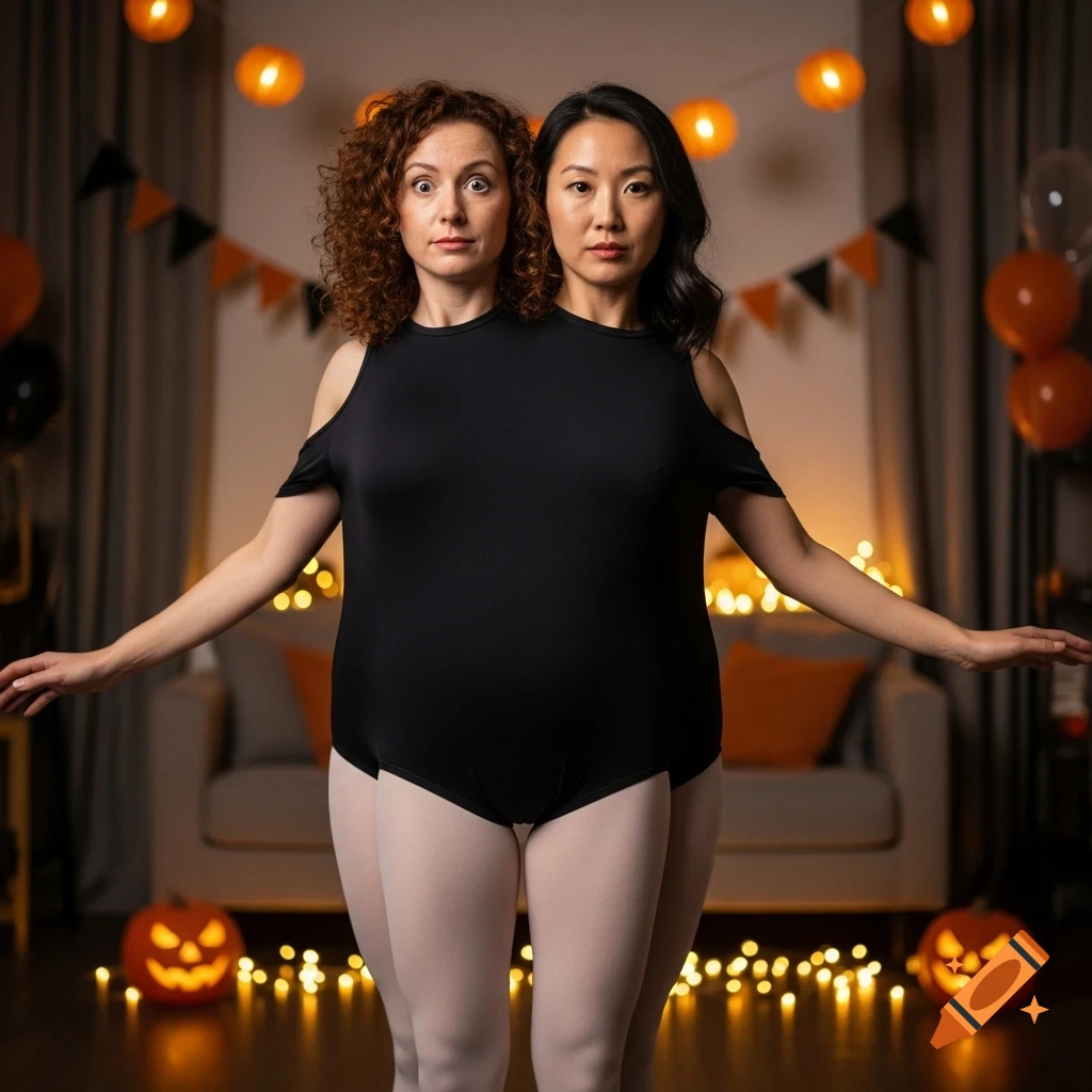 Two women in a two-headed person costume, wearing a black leotard and white tights, stand in a Halloween-decorated room.