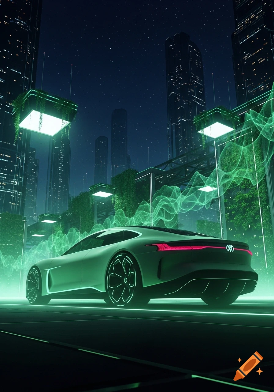 A futuristic white sports car with glowing green accents on a neon-lit road in a vibrant, green-themed cyberpunk city at night.
