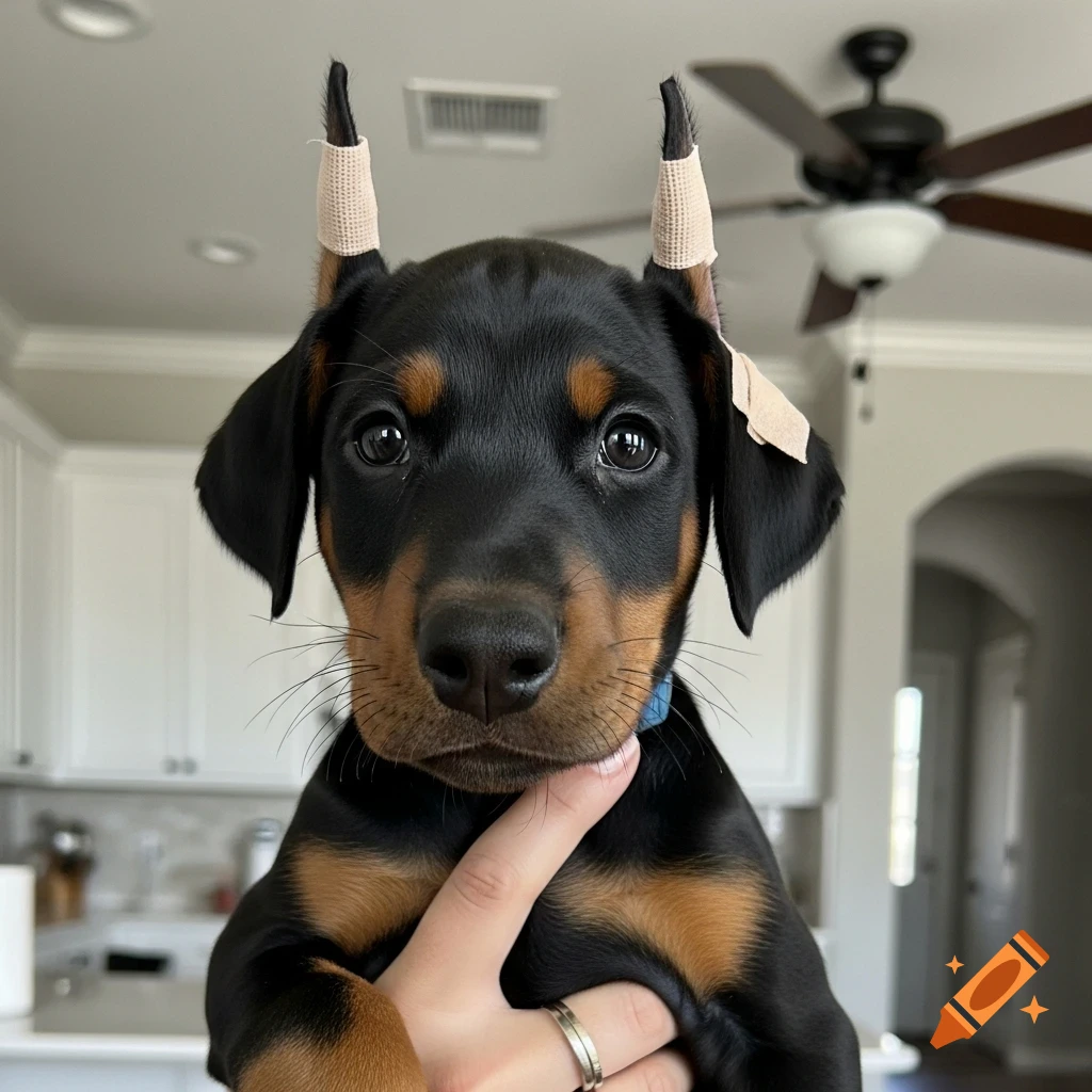 Close-up of a black and tan Doberman puppy with bandaged ears, looking directly at the viewer while being held by a person.