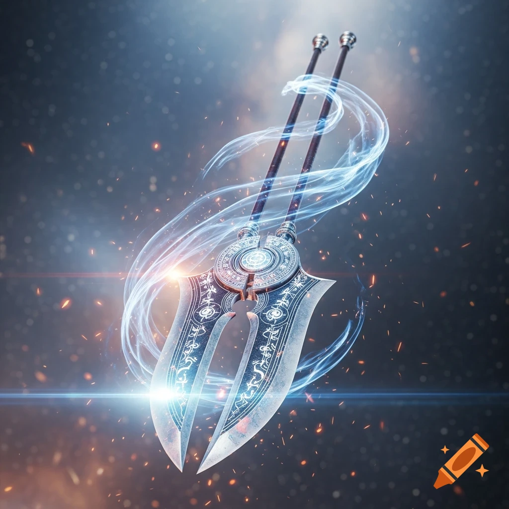 A double-bladed inverted spear of heaven, intricately designed with glowing blue energy and runes, against a dark, sparkling background.