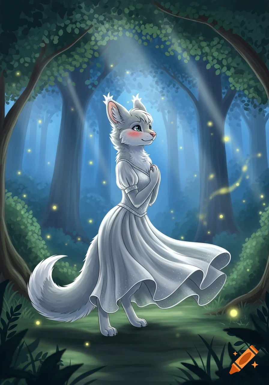 A white anthropomorphic fox-like creature in a flowing white dress stands blushing in an enchanted forest with fireflies and sunbeams.