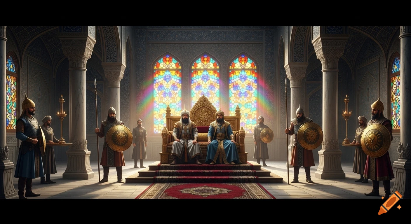 Two kings on a golden throne in a grand, ornate palace hall with columns and rainbow-lit stained-glass windows, flanked by armed generals.