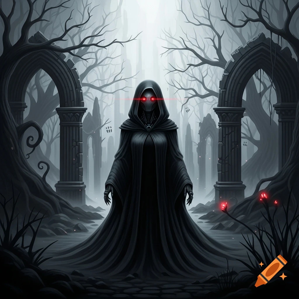 A dark cloaked figure with glowing red eyes stands in a misty, ruined ...