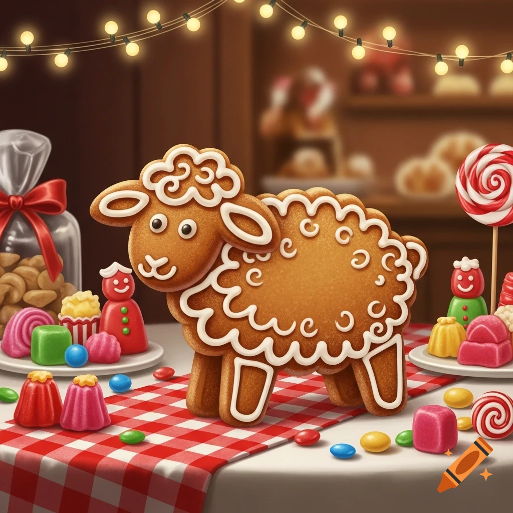 A digital illustration of a gingerbread sheep surrounded by colorful candies and a lollipop on a checkered tablecloth, with blurred string lights in the background.