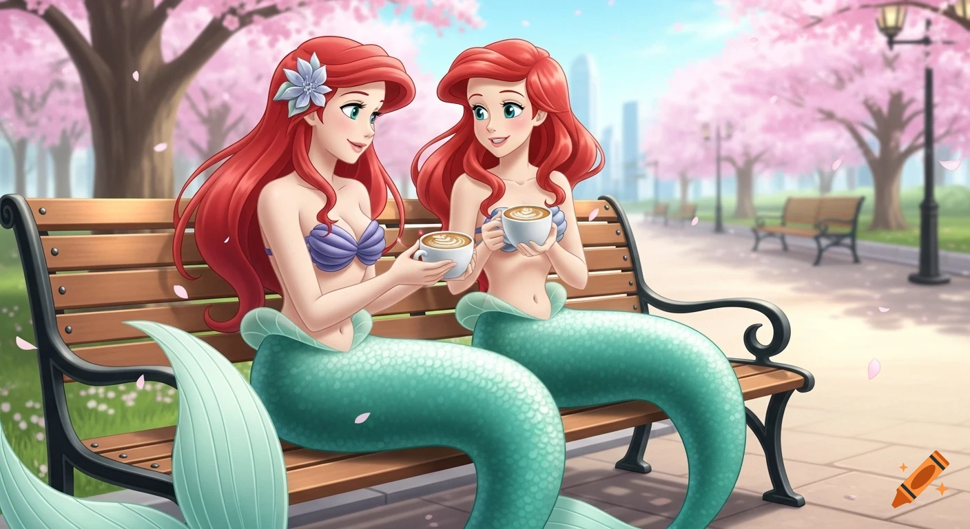 Two red-haired mermaids with teal tails sit on a park bench, drinking coffee under pink cherry blossom trees in an anime style.