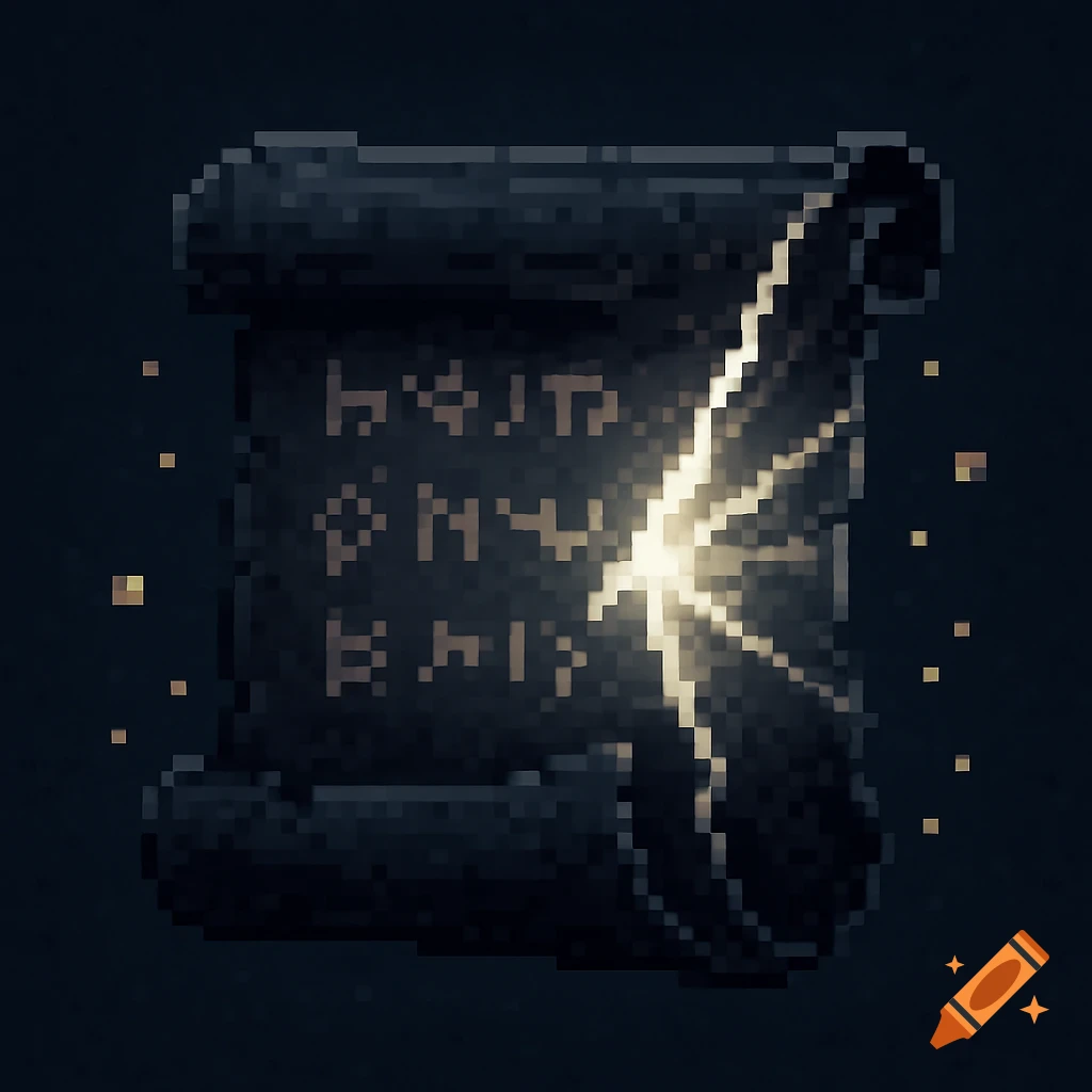 Pixel art icon of a dark, torn scroll with glowing ancient runes and ...