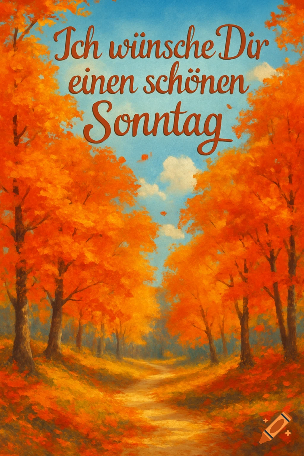 Vibrant painted autumn forest landscape with a path and orange foliage. Text: 'Ich wünsche Dir einen schönen Sonntag'.