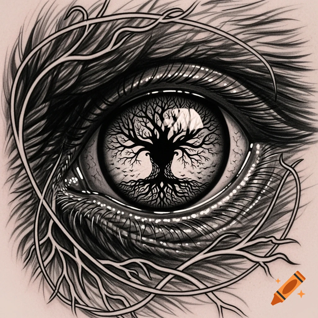 A black and white tattoo-style drawing of a detailed eye with a tree (Yggdrasil) reflecting in its pupil and vines around it.