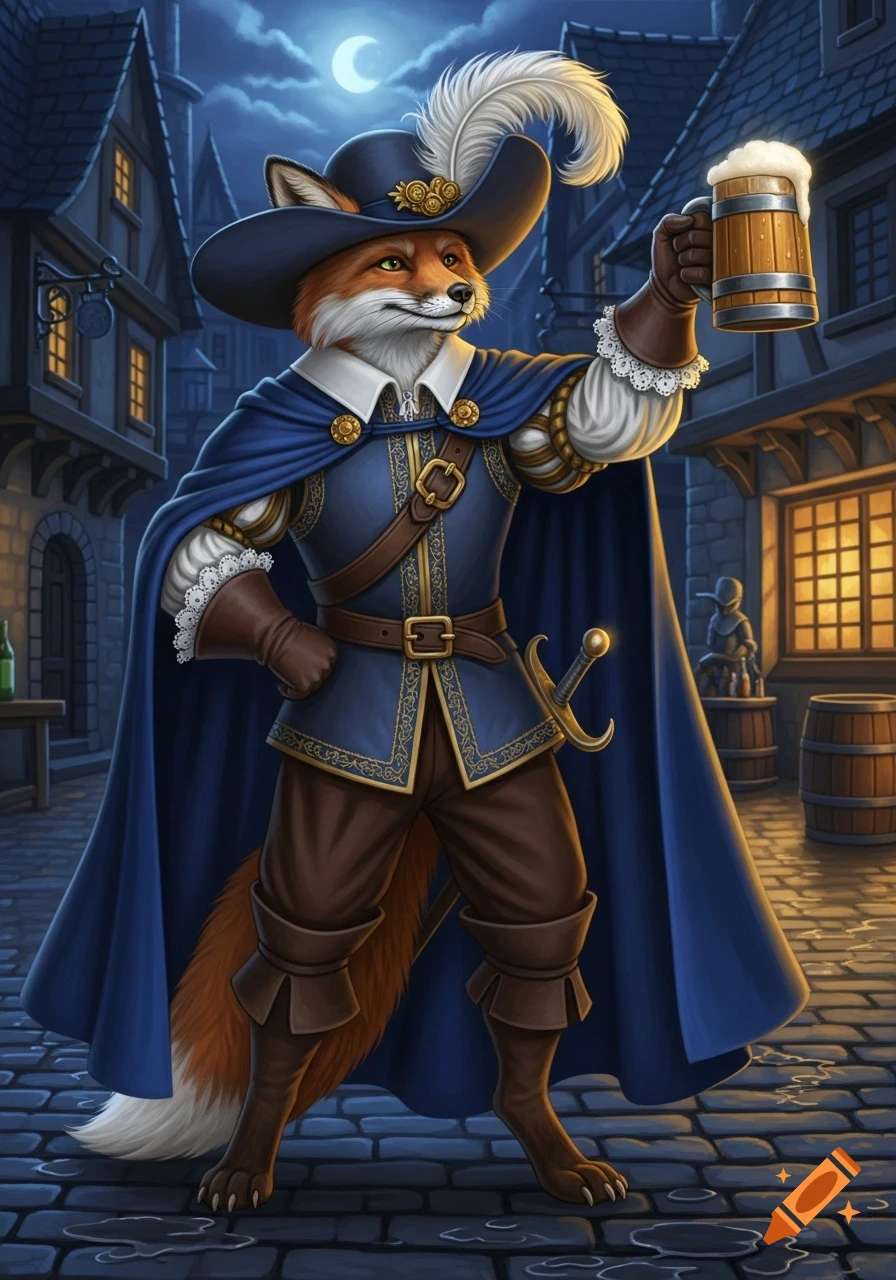 An anthropomorphic fox in a blue musketeer outfit with a feathered hat holds a frothy beer mug in a cobblestone street at night.