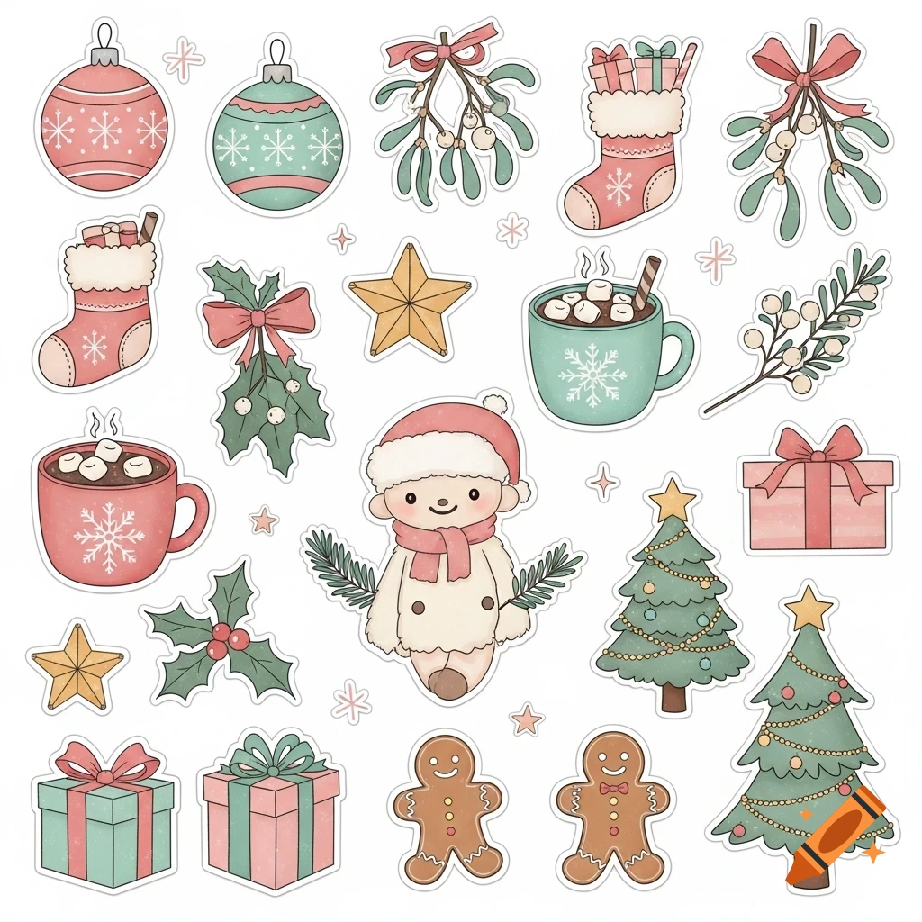 A collection of cute pastel Christmas stickers, including ornaments, stockings, hot cocoa, stars, trees, presents, mistletoe, and gingerbread men.