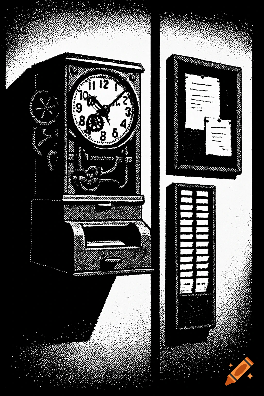 A 1-bit black-and-white illustration of an old industrial punch clock with a time card rack and notice board next to it, featuring stark shadows.