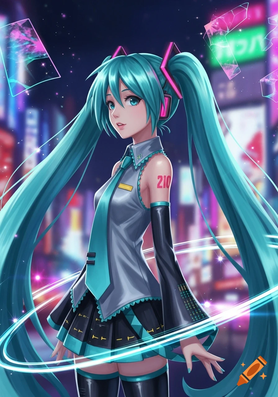 An anime character resembling Hatsune Miku with long teal pigtails, headphones, and a futuristic outfit stands in a neon-lit city at night, rendered in digital art style.