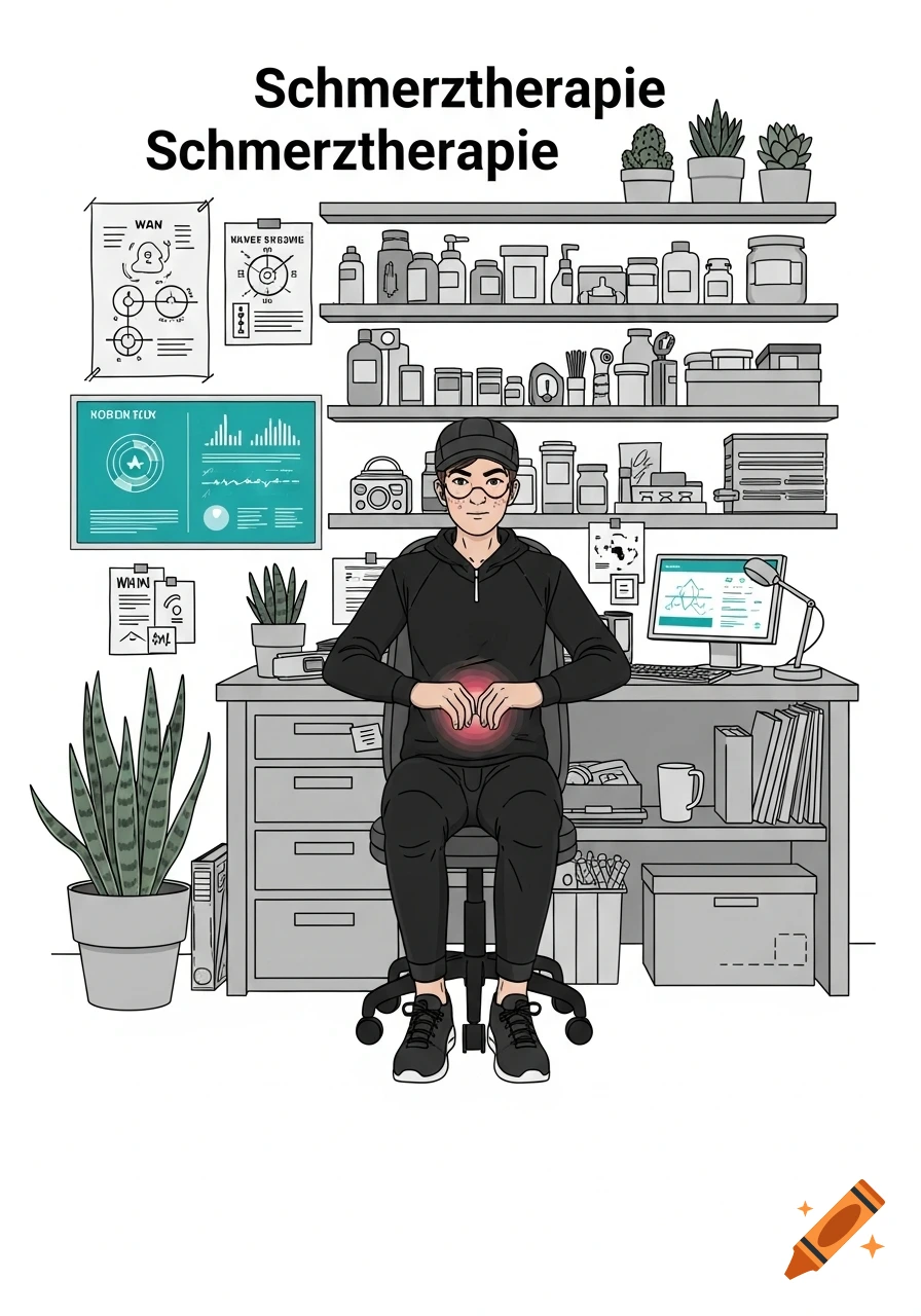 A cartoon illustration of a person sitting at a desk, holding their stomach with a red glow, surrounded by shelves of supplies and office items. Text reads "Schmerztherapie".