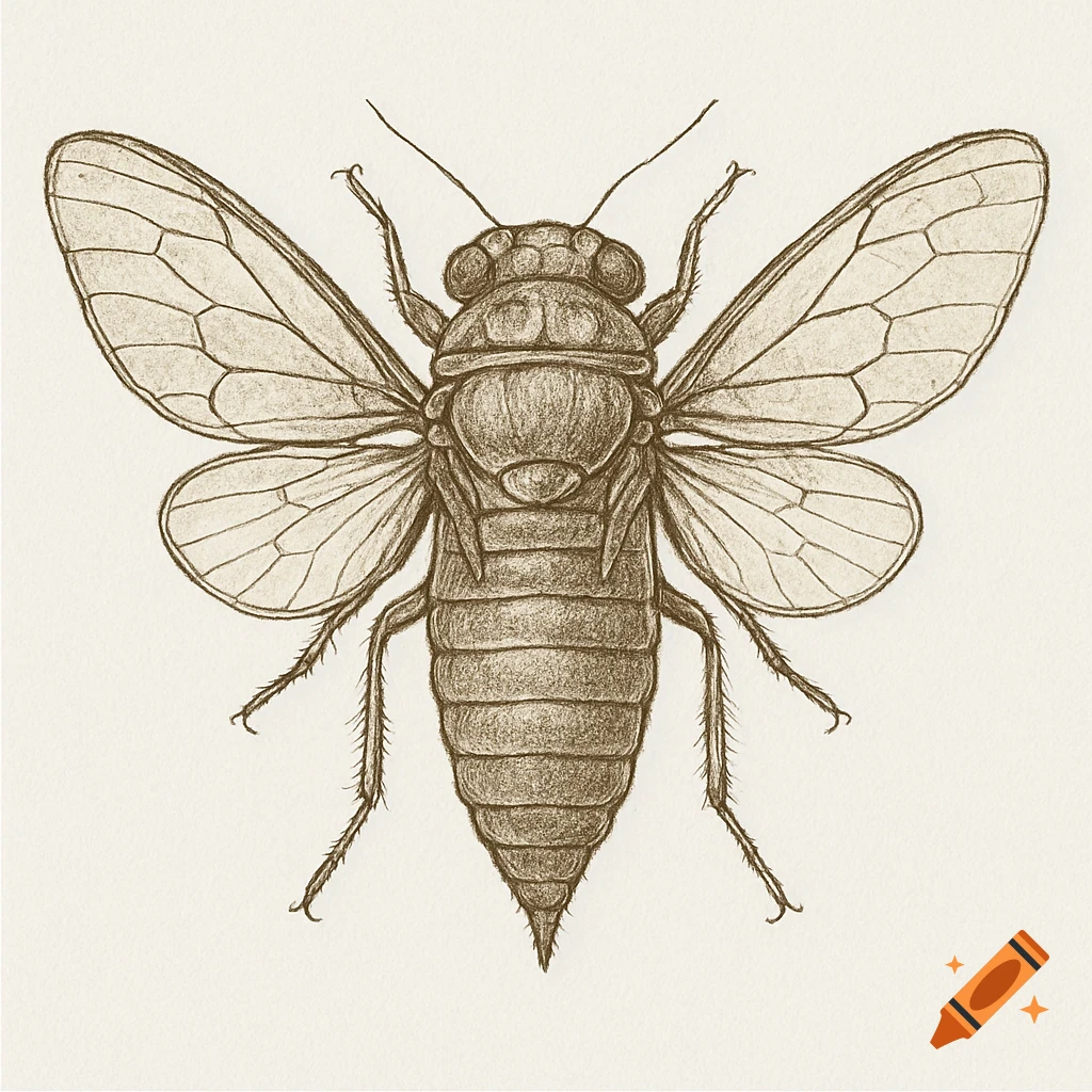 A detailed sketch-style illustration of a cicada insect, viewed from above, showing its segmented body, wings, legs, and antennae.