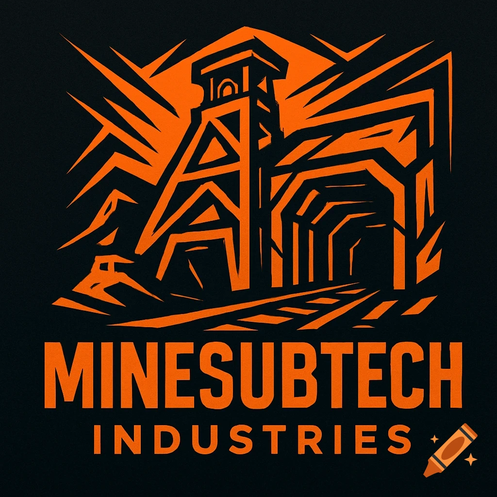 Orange and black logo with a mining headframe and tunnel, text reads 'MINESUBTECH INDUSTRIES'.