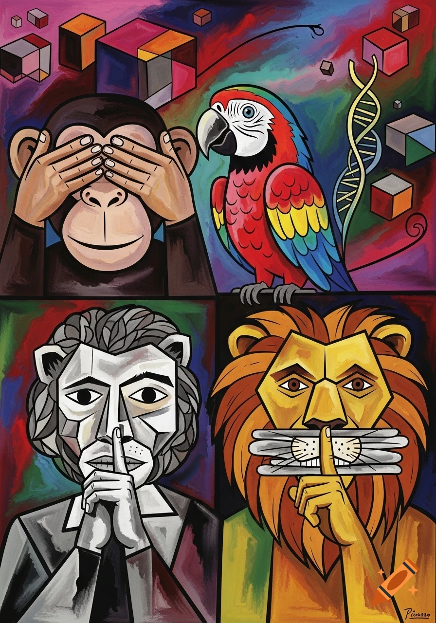 Abstract cubist painting of a monkey covering its eyes, a colorful parrot, a human-like lion, and a lion, all stylized.